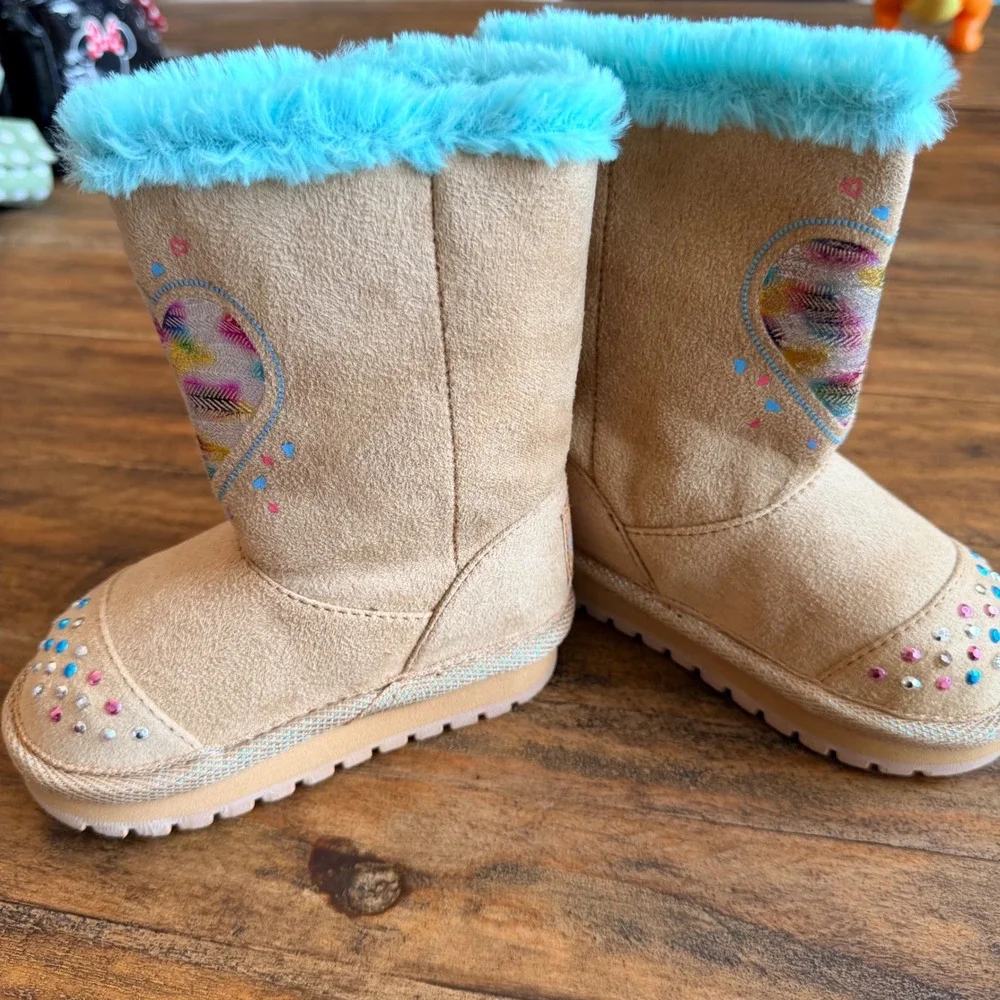 Skechers Twinkle‎ Toes Kids Light Up Boots Tan Turquoise Heart 10402N Size 6 NEW
